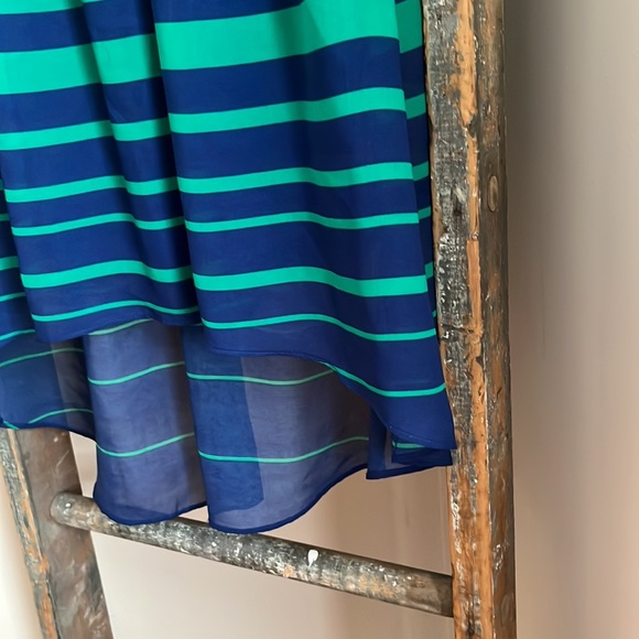 EUC! iZ Byer Blue Teal Hi-Low stripe dress with defined waist - Picture 6 of 12